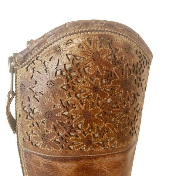 Corral Charlotte Brown Distressed Leather Daisy Laser Cut Tall Equestrian Boots - Picture 6 of 11